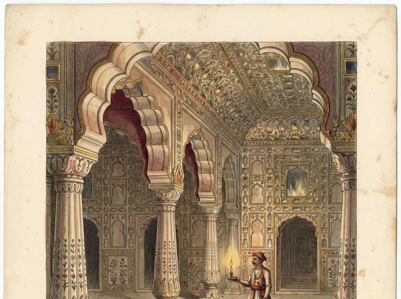 Illustration of the Sheesh Mahal mirror palace interior at Amber Fort, lit by a single candle