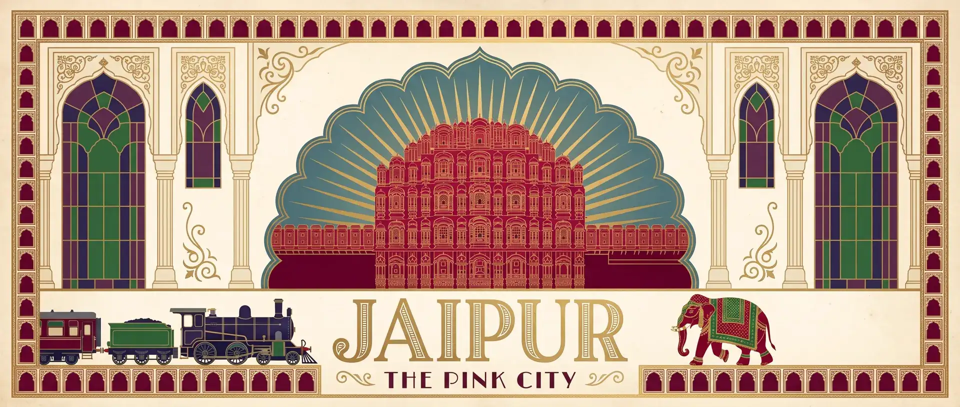 Jaipur — The Pink City. Hawa Mahal vintage travel poster.